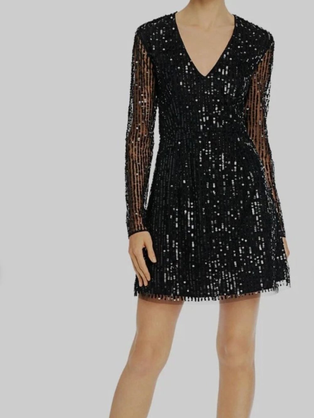 French Connection Inari Sequined V-Neck Long-Sleeve Mini Dress in Black Size 4